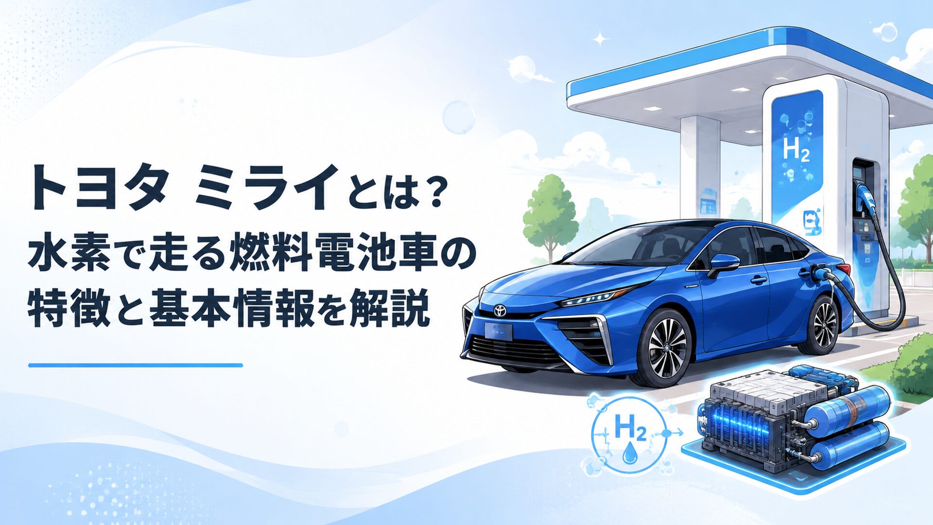 水素ステーションで充填するトヨタ ミライと燃料電池システムを表現した未来型セダンのシーン