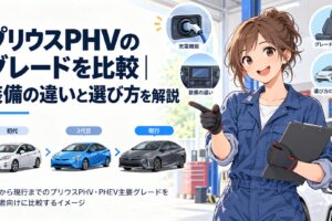 初代から現行までのプリウスPHV・PHEV主要グレードを初心者向けに比較するイメージ