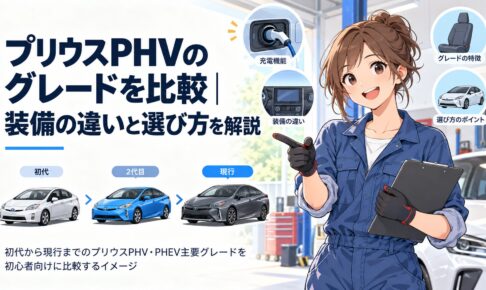 初代から現行までのプリウスPHV・PHEV主要グレードを初心者向けに比較するイメージ