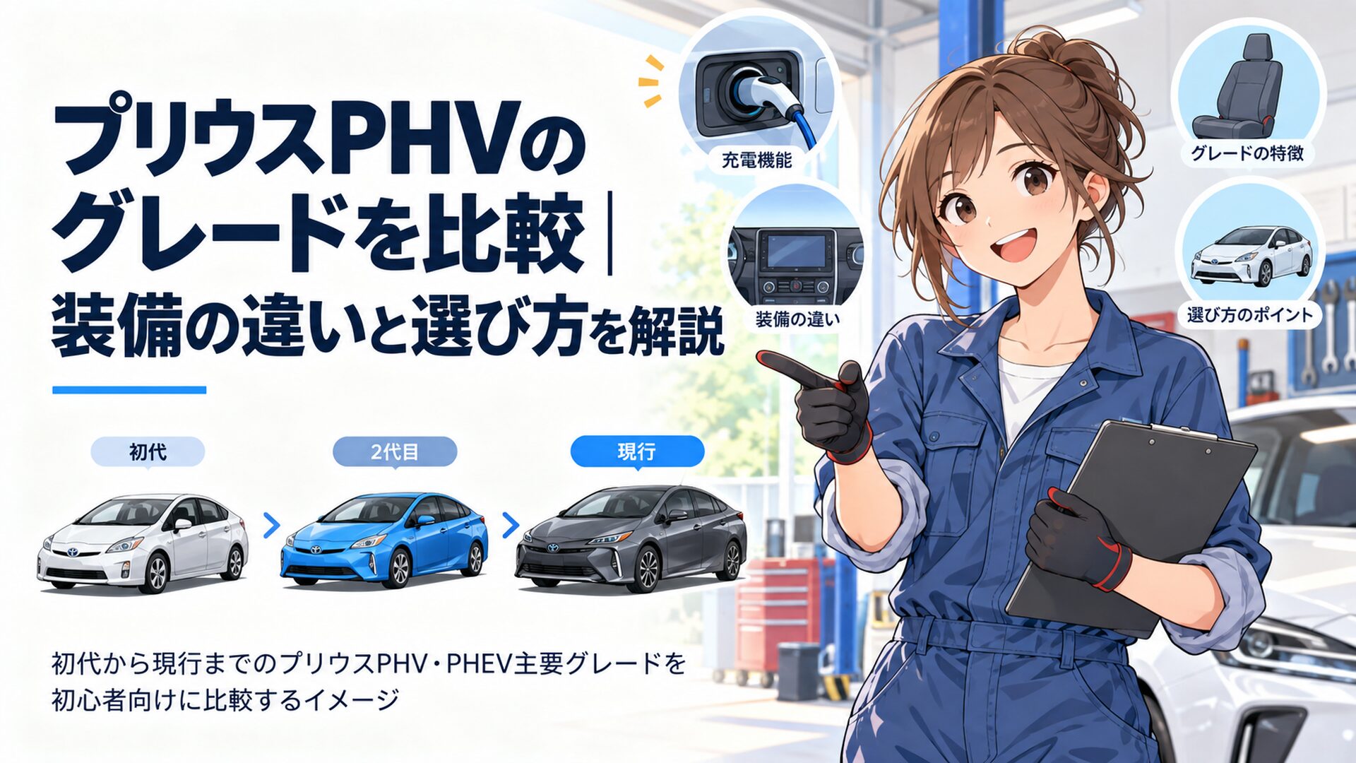 初代から現行までのプリウスPHV・PHEV主要グレードを初心者向けに比較するイメージ