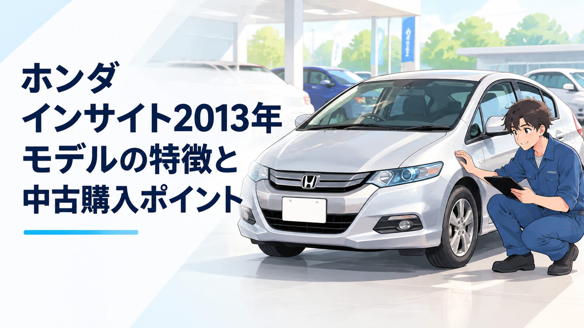 2013年モデルのホンダ インサイトを中古車販売店で確認する整備士