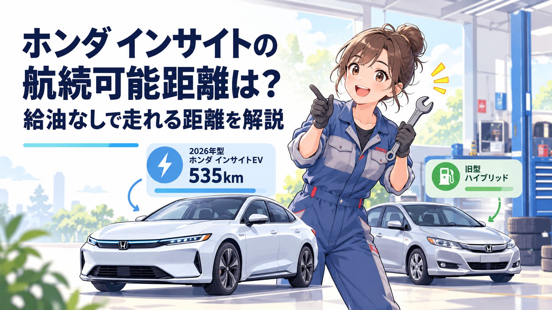 2026年型ホンダ インサイトEVの535km航続距離と旧型ハイブリッドを比較するイメージ
