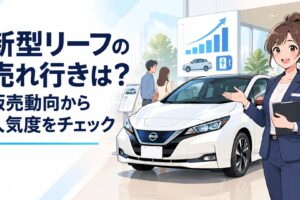 新型日産リーフの販売状況を確認する電気自動車とディーラーのイメージ