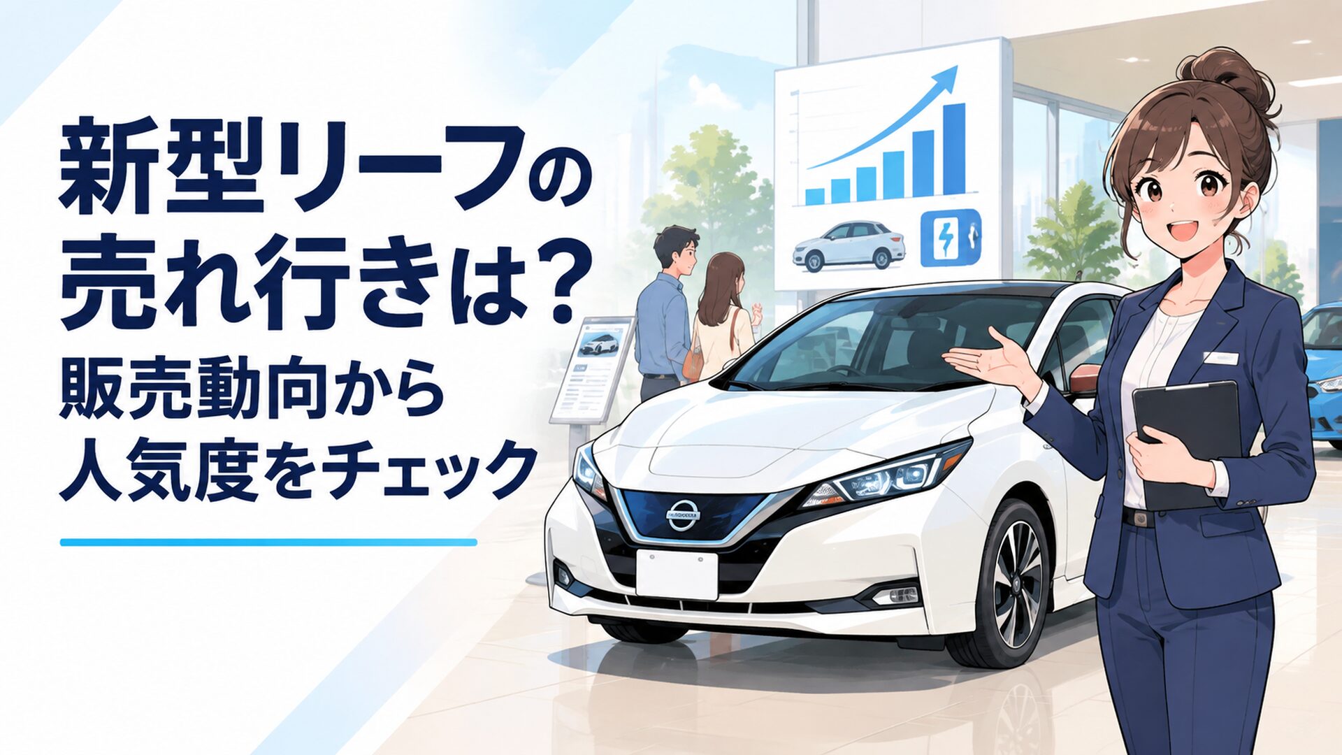 新型日産リーフの販売状況を確認する電気自動車とディーラーのイメージ
