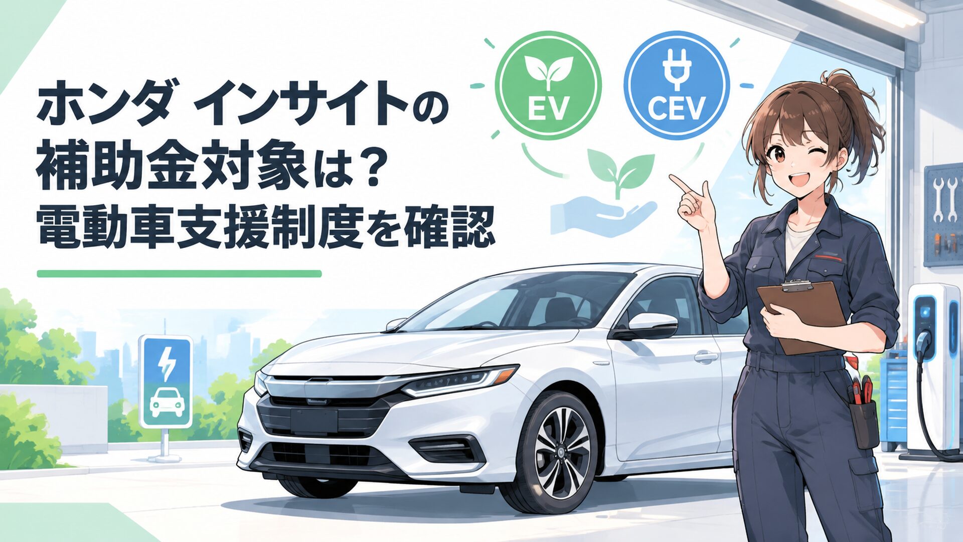 新型ホンダ インサイトEVとCEV補助金制度を表現した電動車のイメージ