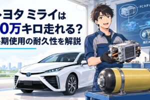 10万キロを走行したトヨタMIRAIとFCスタックや高圧水素タンクの長期耐久性を表現したシーン