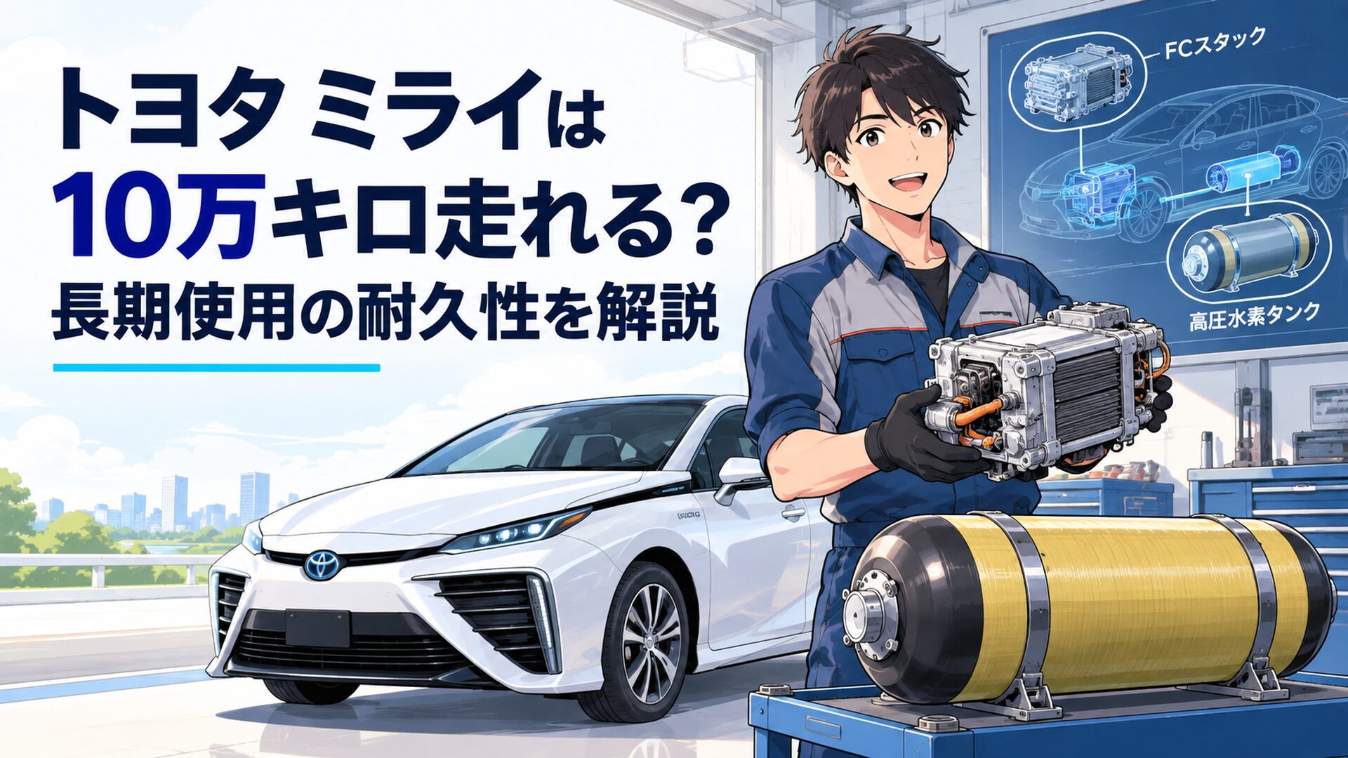 10万キロを走行したトヨタMIRAIとFCスタックや高圧水素タンクの長期耐久性を表現したシーン