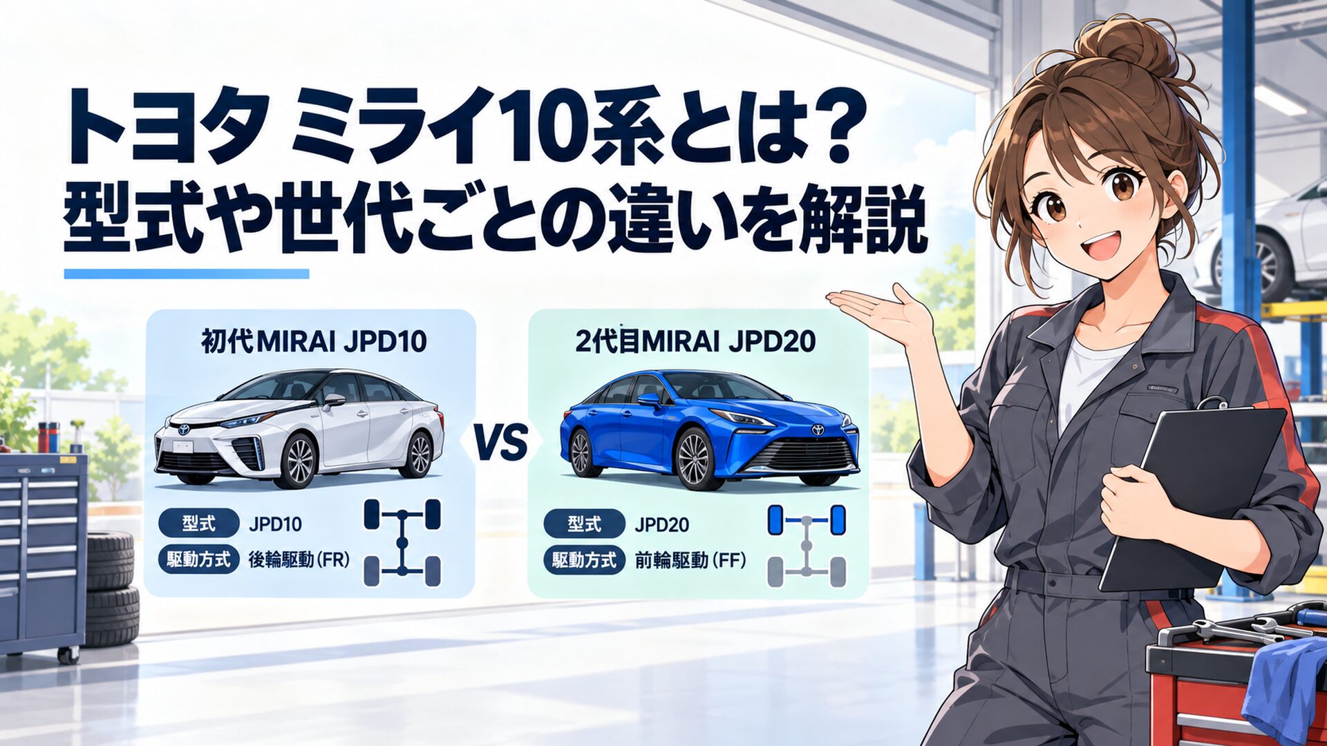 初代MIRAI JPD10と2代目MIRAI JPD20を型式と駆動方式の違いから比較するイメージ