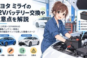 初代と2代目トヨタMIRAIの12V補機バッテリー規格と交換時の確認ポイントを表した整備イメージ