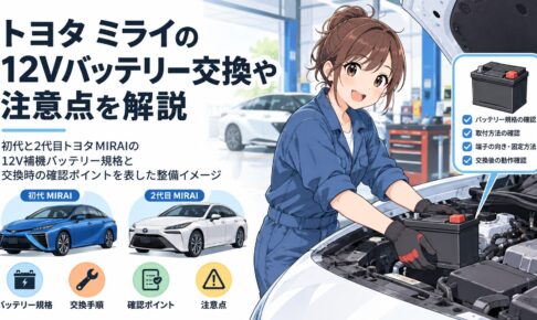 初代と2代目トヨタMIRAIの12V補機バッテリー規格と交換時の確認ポイントを表した整備イメージ