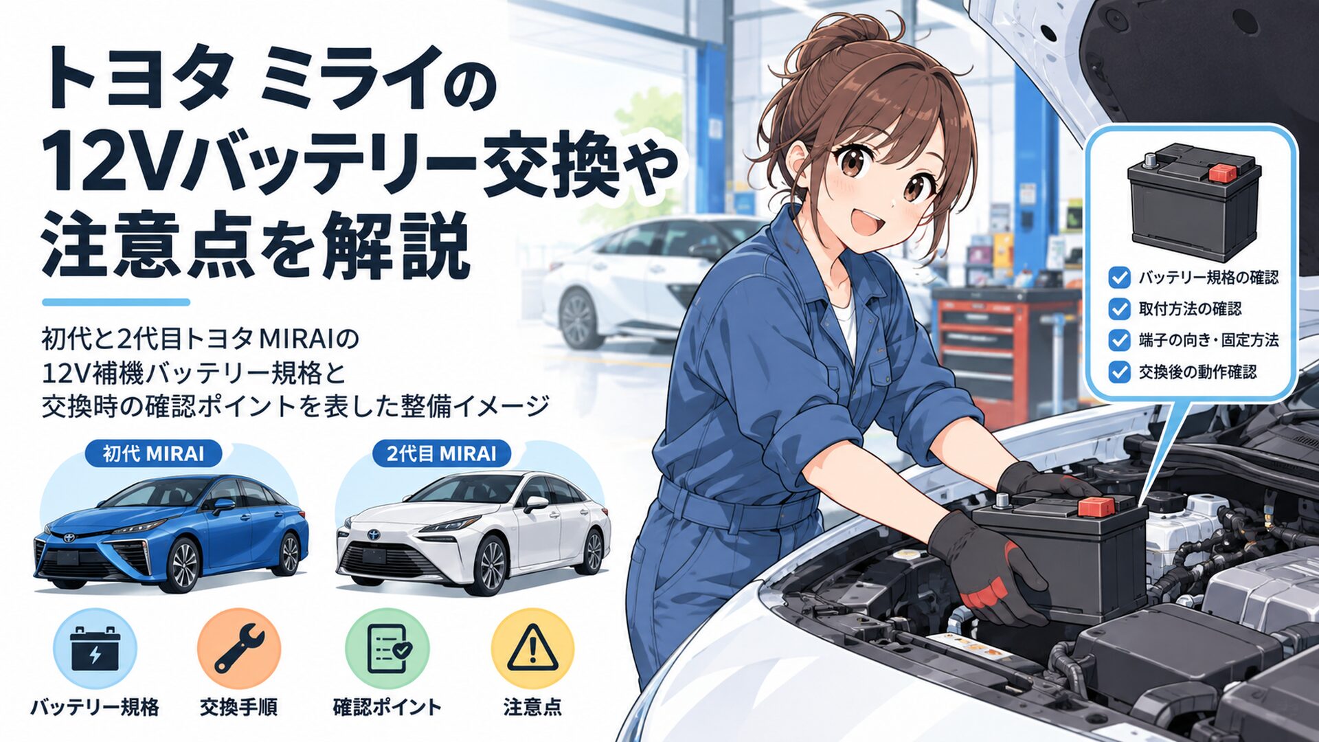初代と2代目トヨタMIRAIの12V補機バッテリー規格と交換時の確認ポイントを表した整備イメージ