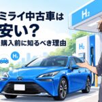 トヨタ ミライの中古車と水素ステーションを組み合わせて安い理由を表現したシーン