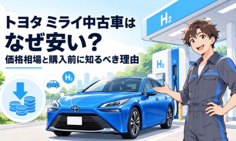 トヨタ ミライの中古車と水素ステーションを組み合わせて安い理由を表現したシーン