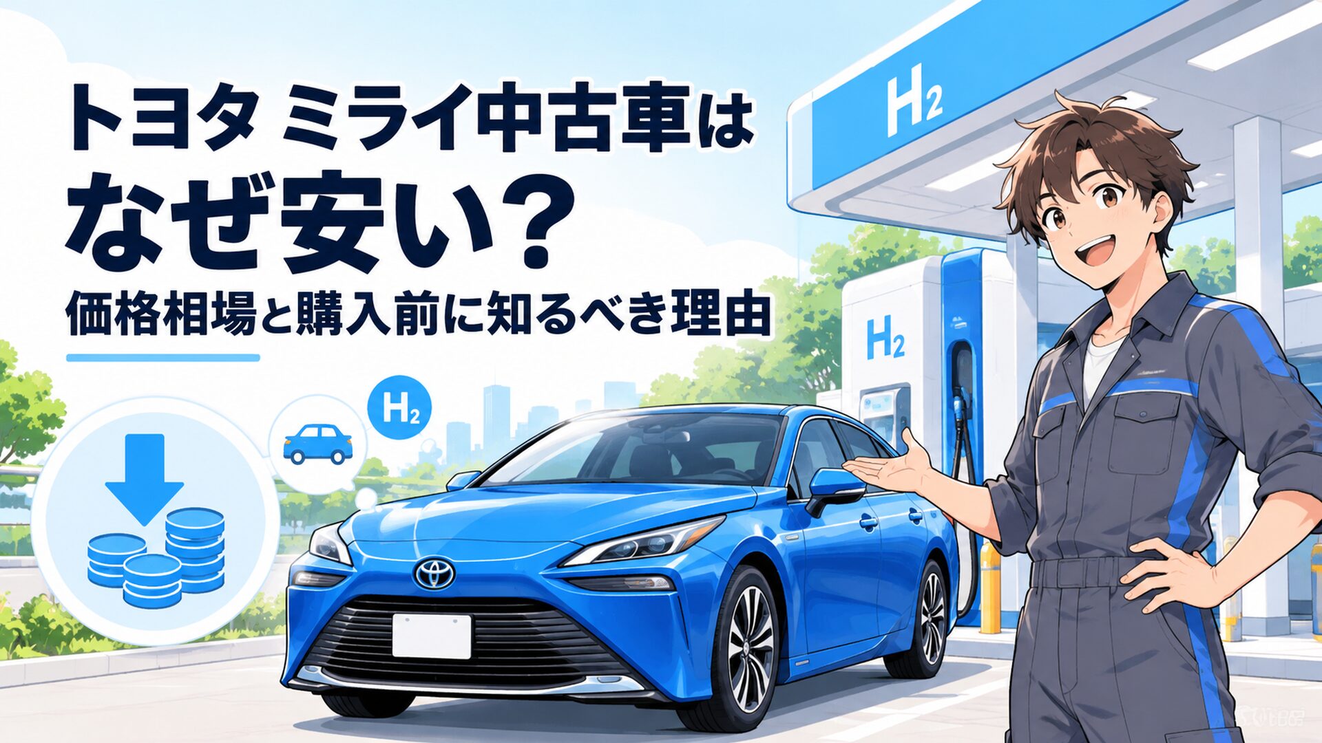 トヨタ ミライの中古車と水素ステーションを組み合わせて安い理由を表現したシーン
