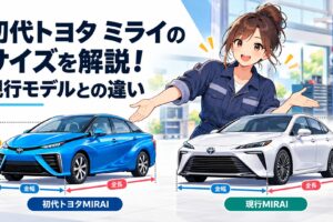 初代トヨタMIRAIと現行MIRAIを並べ全長全幅全高の違いを分かりやすく示した比較イメージ