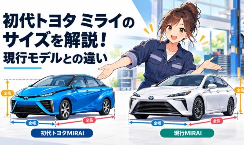 初代トヨタMIRAIと現行MIRAIを並べ全長全幅全高の違いを分かりやすく示した比較イメージ