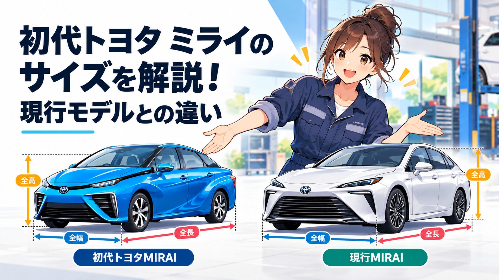 初代トヨタMIRAIと現行MIRAIを並べ全長全幅全高の違いを分かりやすく示した比較イメージ