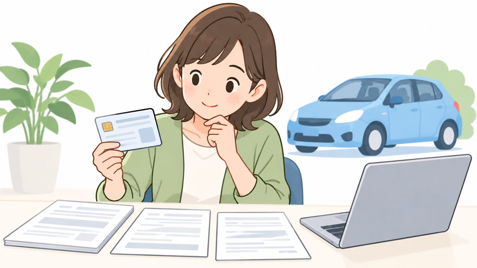 電子車検証の会社提出に向けて、車検証とパソコンの書類を確認する人を描いた説明イラスト