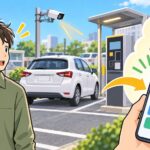 ゲートのない駐車場で精算忘れに気づいたドライバーと、スマートフォンで運営会社への問い合わせを確認するイメージ