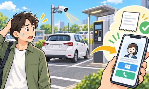 ゲートのない駐車場で精算忘れに気づいたドライバーと、スマートフォンで運営会社への問い合わせを確認するイメージ