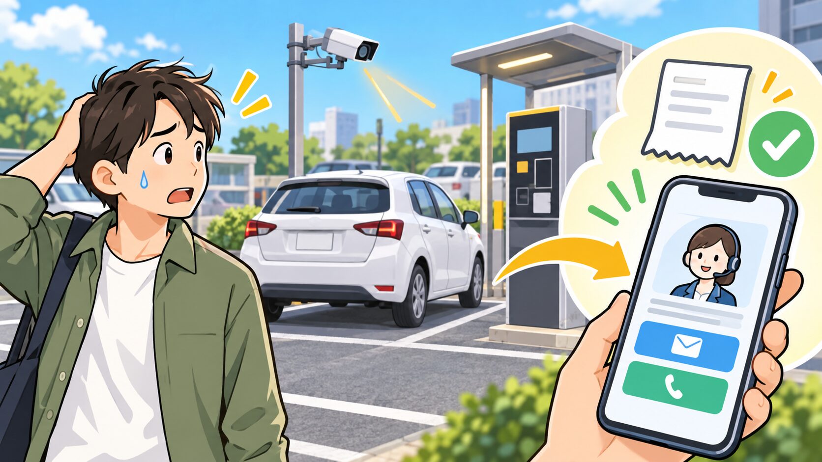 ゲートのない駐車場で精算忘れに気づいたドライバーと、スマートフォンで運営会社への問い合わせを確認するイメージ
