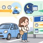 夜から翌朝の駐車を想定し、料金看板の条件を確認する利用者と車のイメージ
