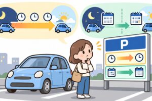 夜から翌朝の駐車を想定し、料金看板の条件を確認する利用者と車のイメージ