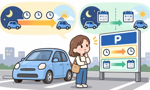 夜から翌朝の駐車を想定し、料金看板の条件を確認する利用者と車のイメージ
