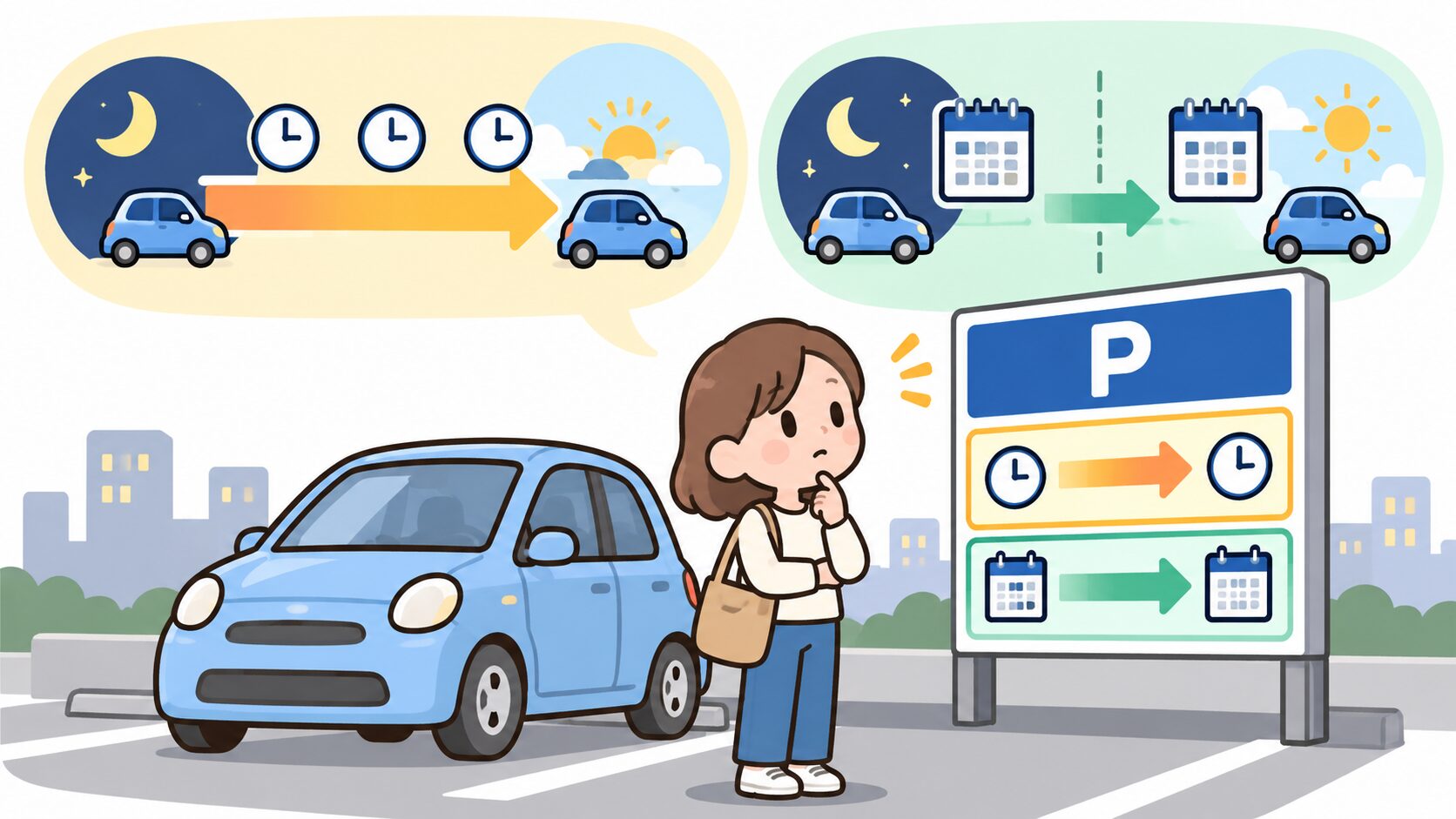夜から翌朝の駐車を想定し、料金看板の条件を確認する利用者と車のイメージ