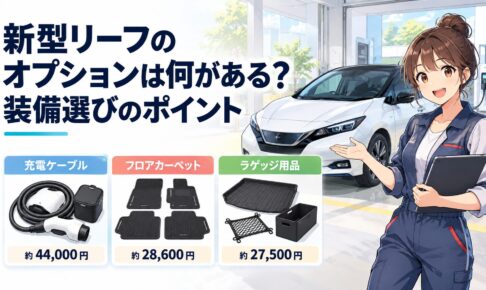 新型リーフと充電ケーブルやフロアカーペットやラゲッジ用品を並べて主要オプション価格を比較するイメージ