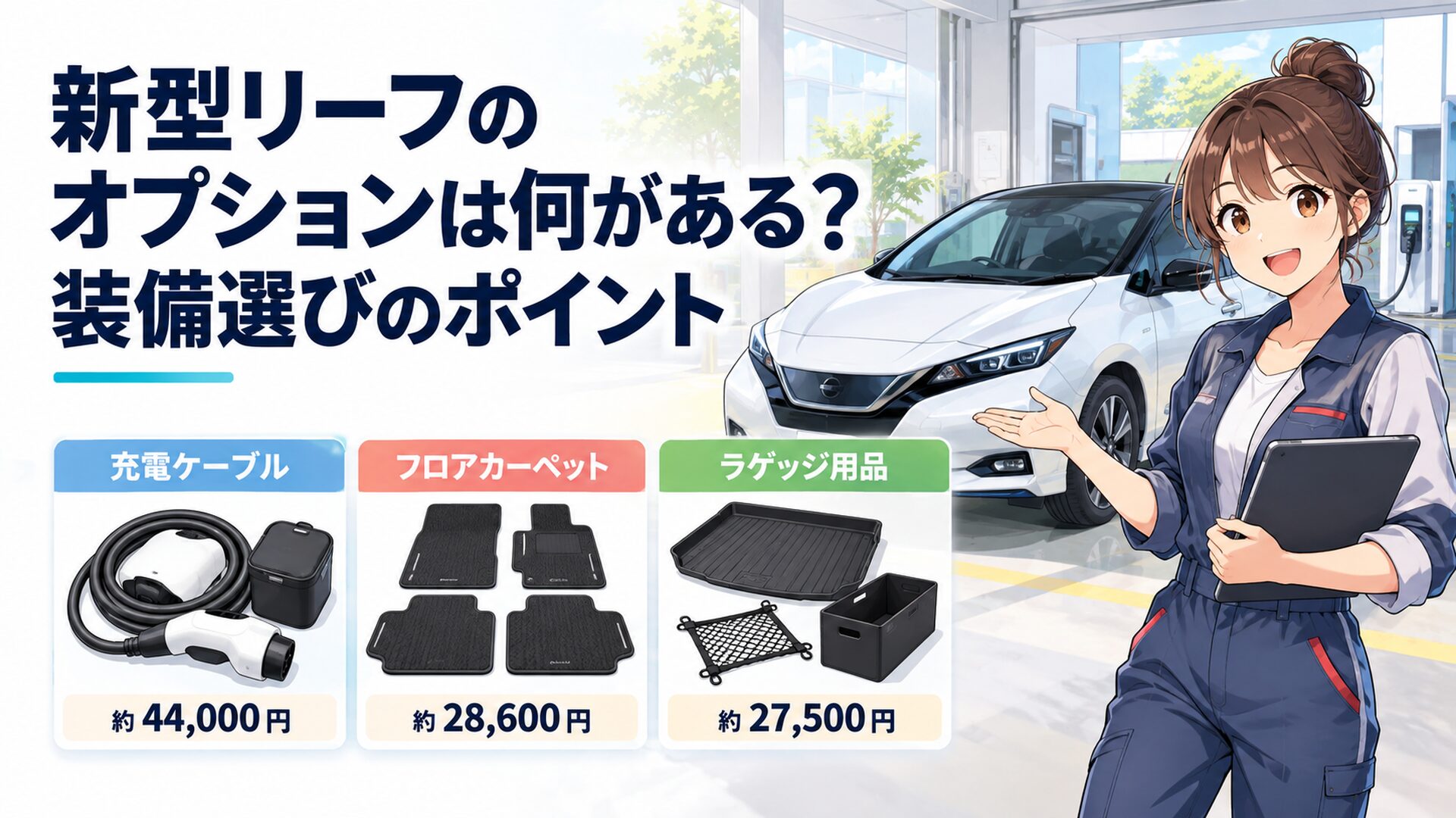 新型リーフと充電ケーブルやフロアカーペットやラゲッジ用品を並べて主要オプション価格を比較するイメージ