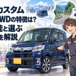 明るい中古車展示場でダークブルーの旧型ムーヴカスタムRS風ターボ4WD軽自動車を中心に配置し、背景に雪道と山道、価格比較表と整備記録簿を描いた親しみやすいアニメ風イラスト