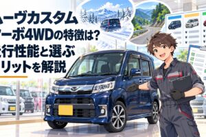 明るい中古車展示場でダークブルーの旧型ムーヴカスタムRS風ターボ4WD軽自動車を中心に配置し、背景に雪道と山道、価格比較表と整備記録簿を描いた親しみやすいアニメ風イラスト