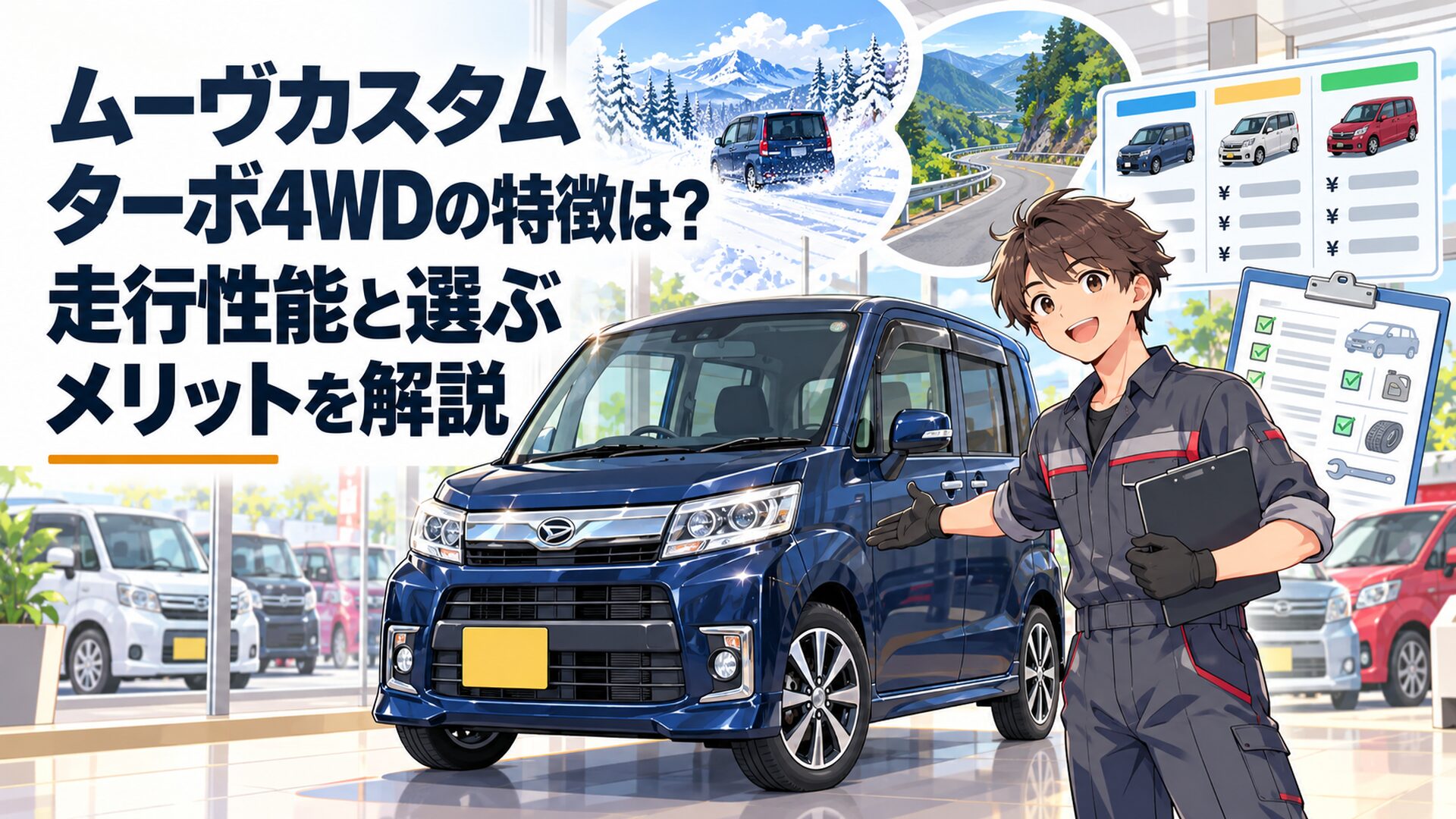 明るい中古車展示場でダークブルーの旧型ムーヴカスタムRS風ターボ4WD軽自動車を中心に配置し、背景に雪道と山道、価格比較表と整備記録簿を描いた親しみやすいアニメ風イラスト